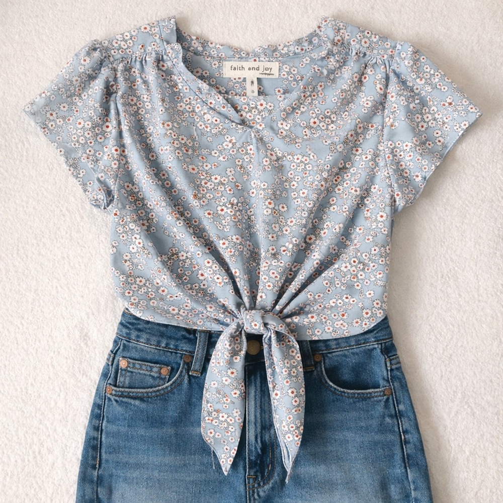 Faith and Joy Coquette‎ Floral Tie Blouse Blue Soft Girl Aesthetic S